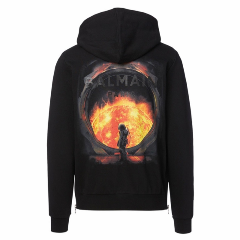 Authentic Balmain Cotton Zip Hoodie With Foil Logo Black Medium Size